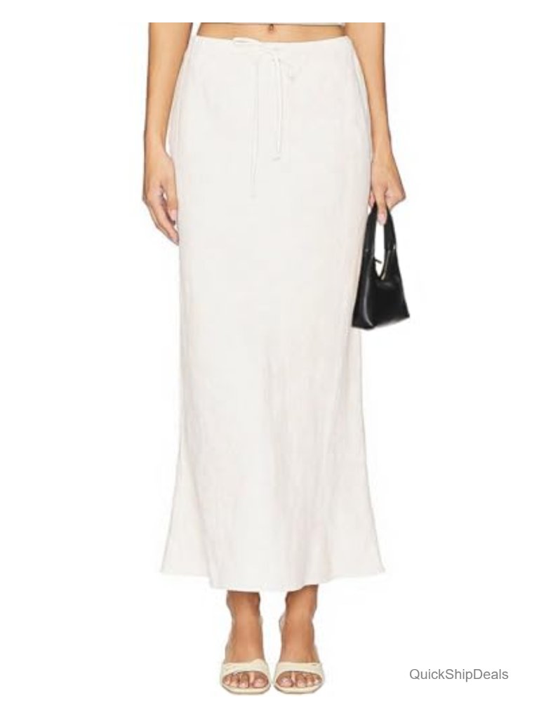 Linen Drawstring Maxi Skirt High Waisted Flowy A-Line Long Skirt With Lining